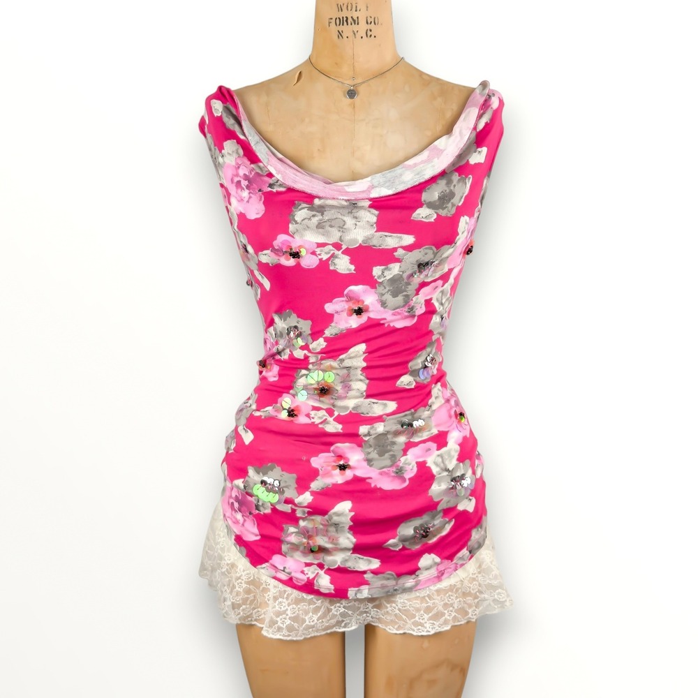 Y2K Sequin Floral Tank Cowl Neck Draped Whimsical Fairy Coquette Size XS